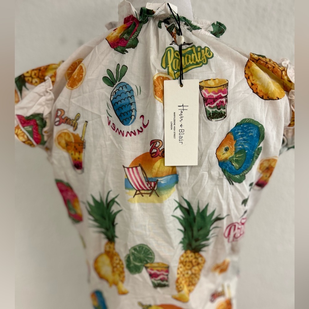 Haver & Blair cotton Tropical Fruit Print Tie-Front Blouse short sleeve Small - Picture 5 of 7